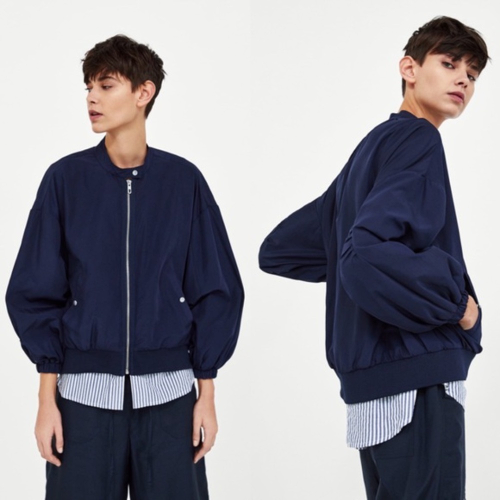 Zara Contrasting Overlay Navy Bomber Jacket - size XS